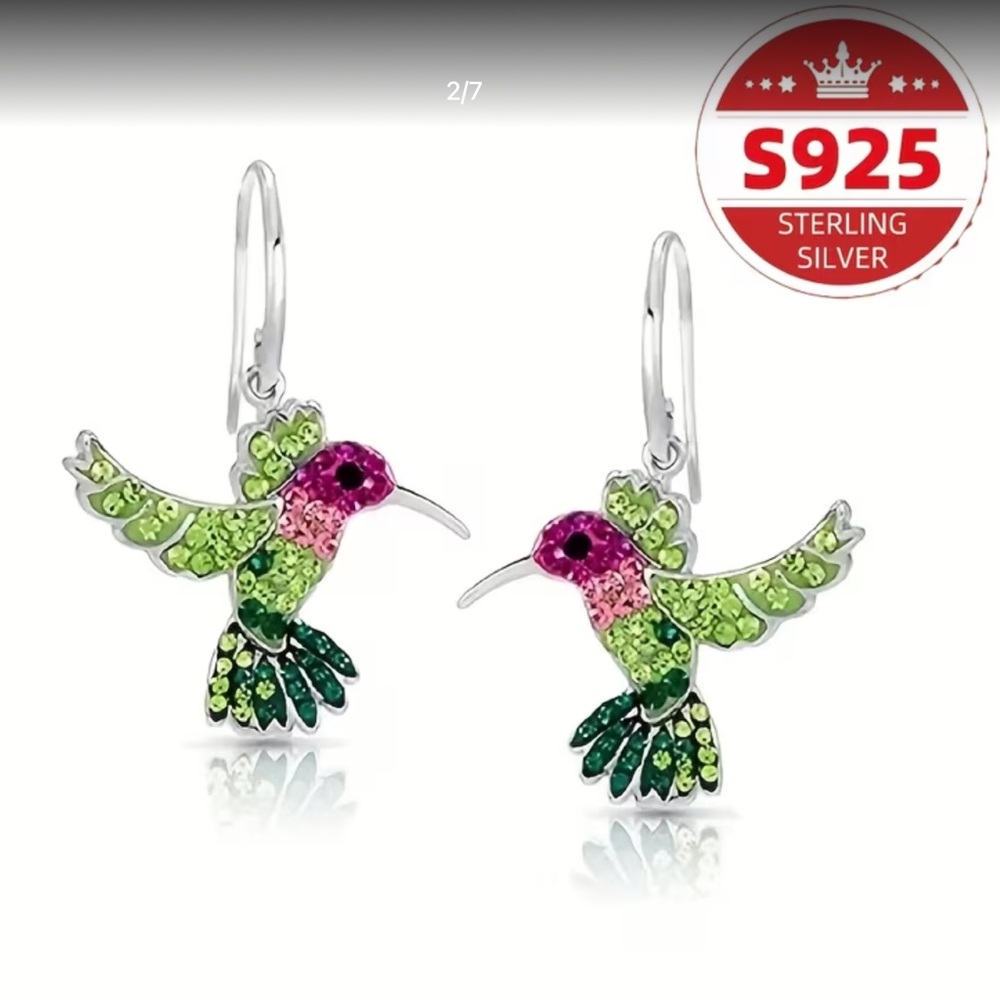Sterling Silver Hummingbird Drop Earrings with Pink & Green Crystals